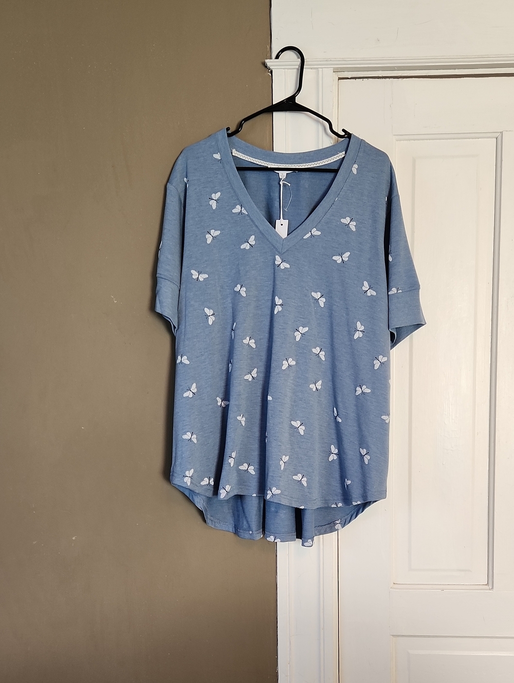 Jane and Delancey Light Blue V-Neck Butterfly Print Tee